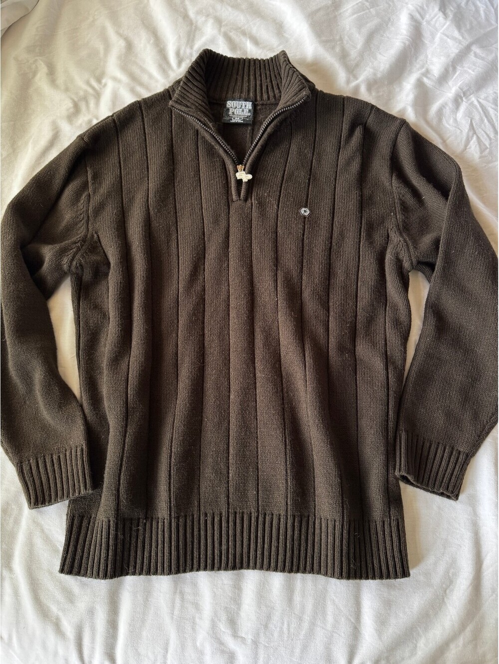South Pole Men's Brown Ribbed Half-Zip Sweater Medium